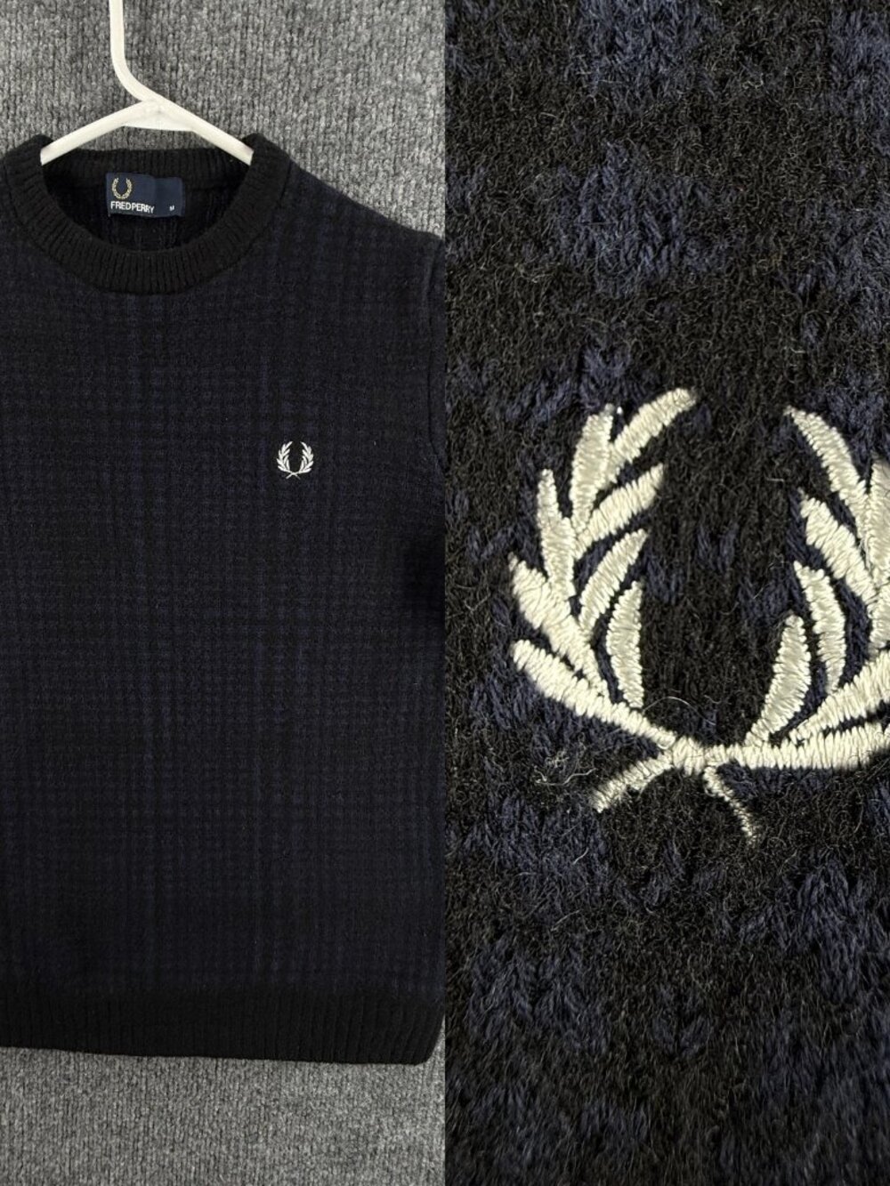 Fred Perry Thick Crew Neck Wool Cotton XS Pullover Logo Black Sweater Designer